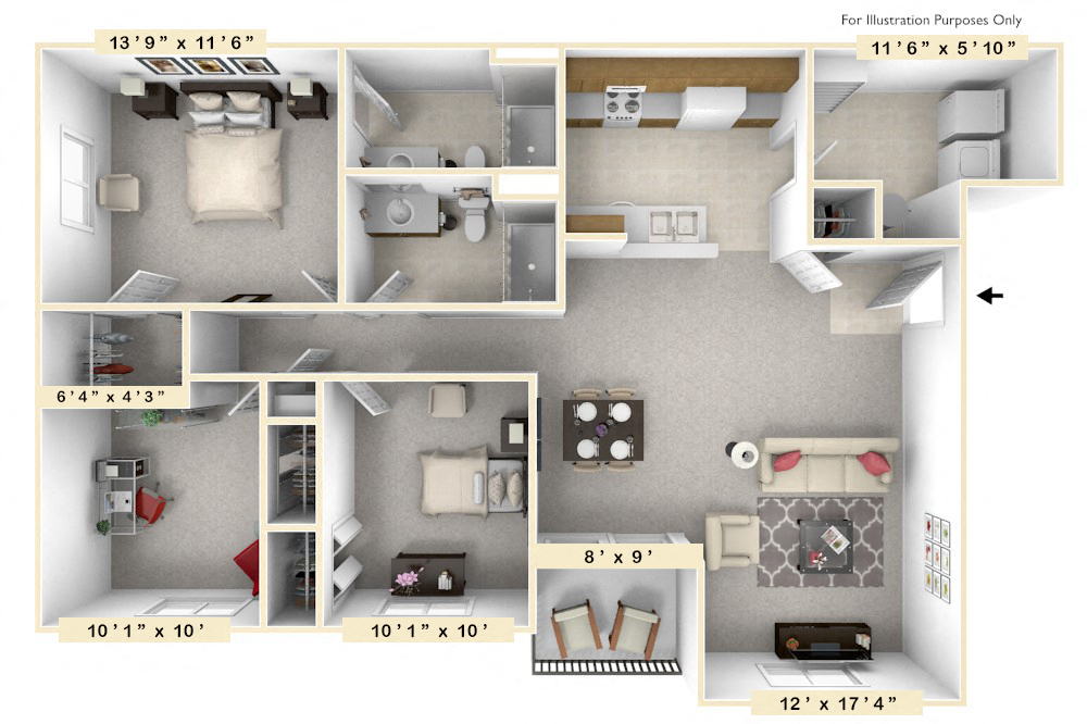 Floor plan for 3 beds, 2 baths, 1274 sqft